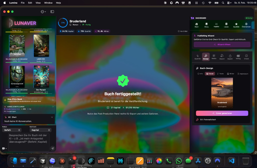 LUNAVER – Bruderland Projekt, Buch fertiggestellt, Export-Dashboard mit PDF, EPUB, Amazon KDP, Apple Books